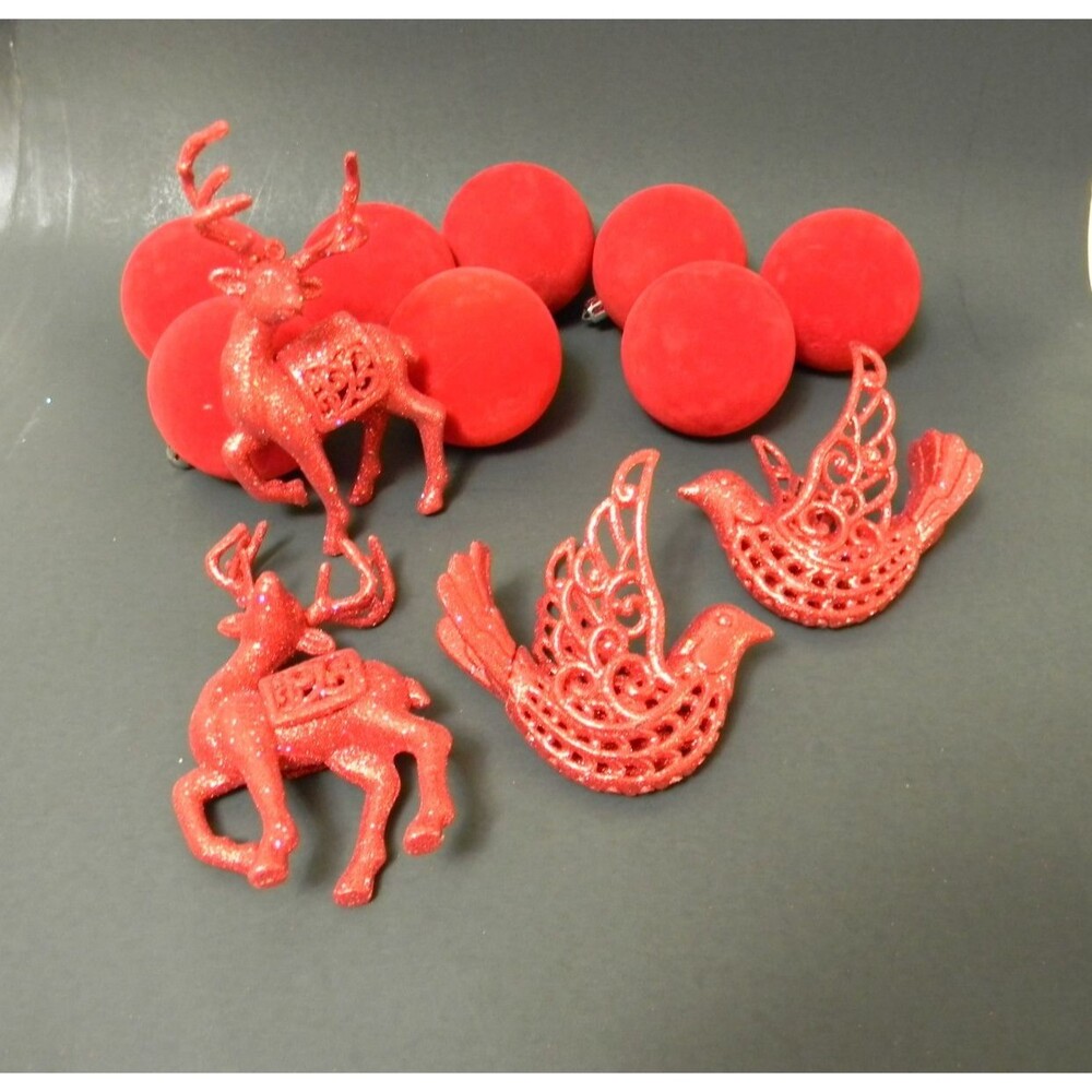 Lot of Shatterproof Christmas Ornaments Round Velvet Glitter Birds Deer